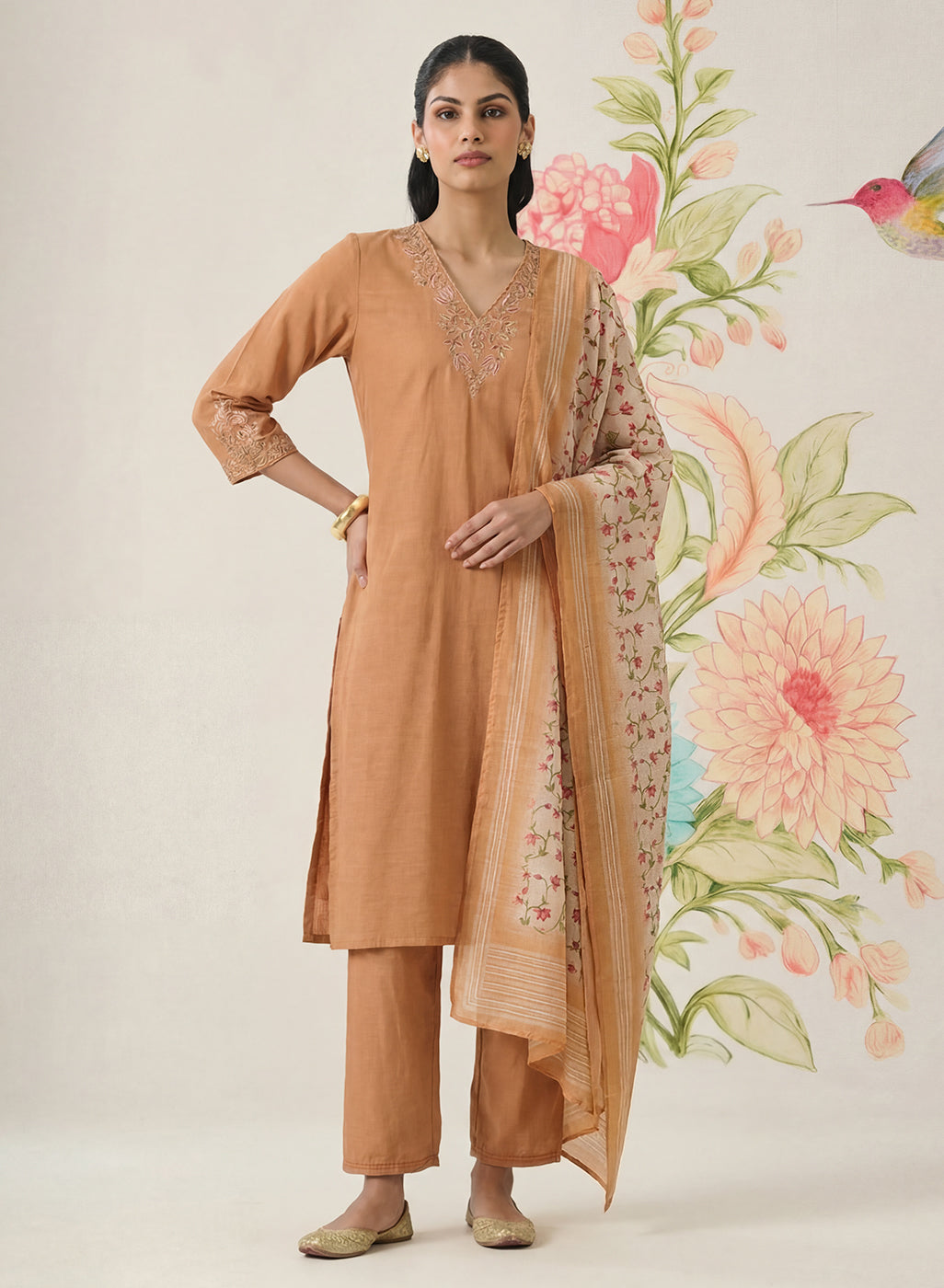 Afsana Mustard Cotton Bend Embroidered A-line Suit Set with Dupatta