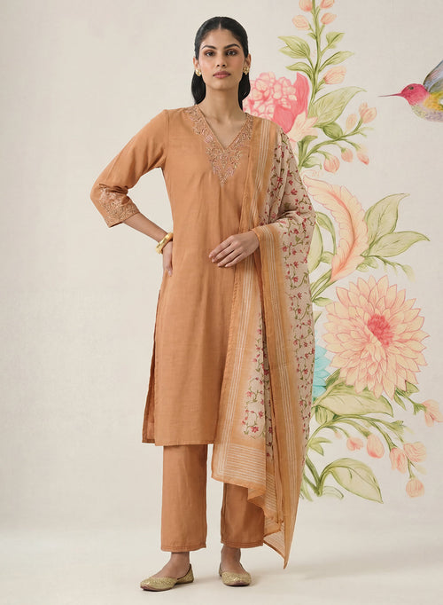 Afsana Mustard Cotton Bend Embroidered A-line Suit Set with Dupatta
