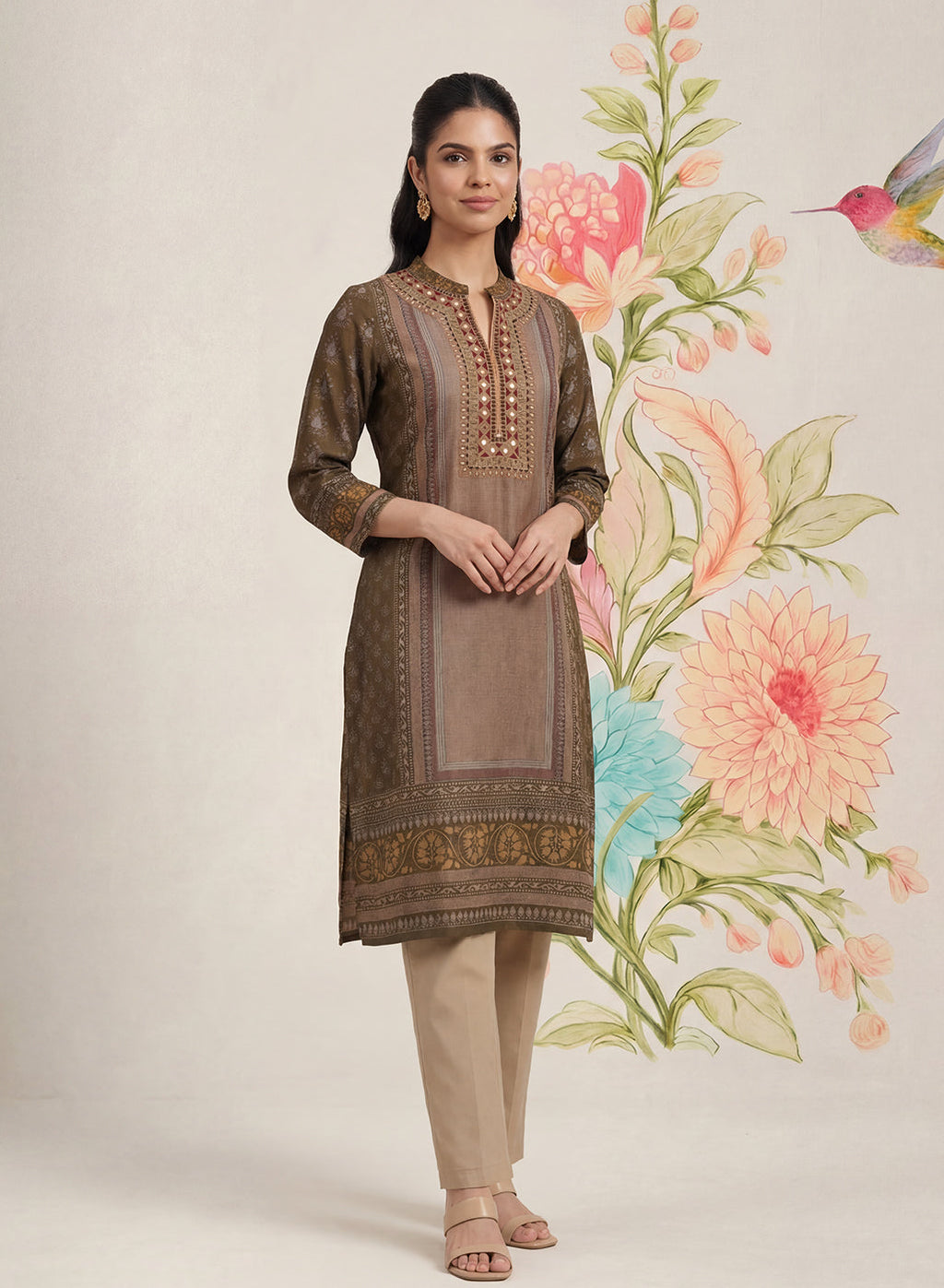 Moor Olive Printed Long Kurta
