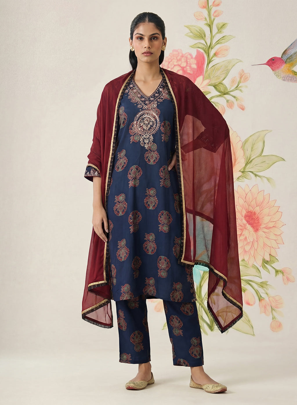 Mehr Navy Printed Cotton Blend Suit Set with Dupatta