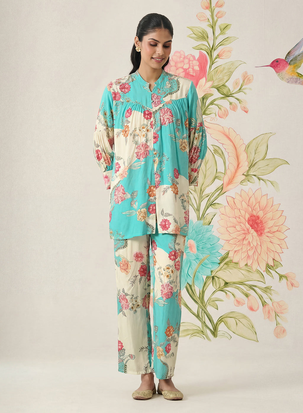 Yamika Blue Cotton Blend Printed Co-ord Set