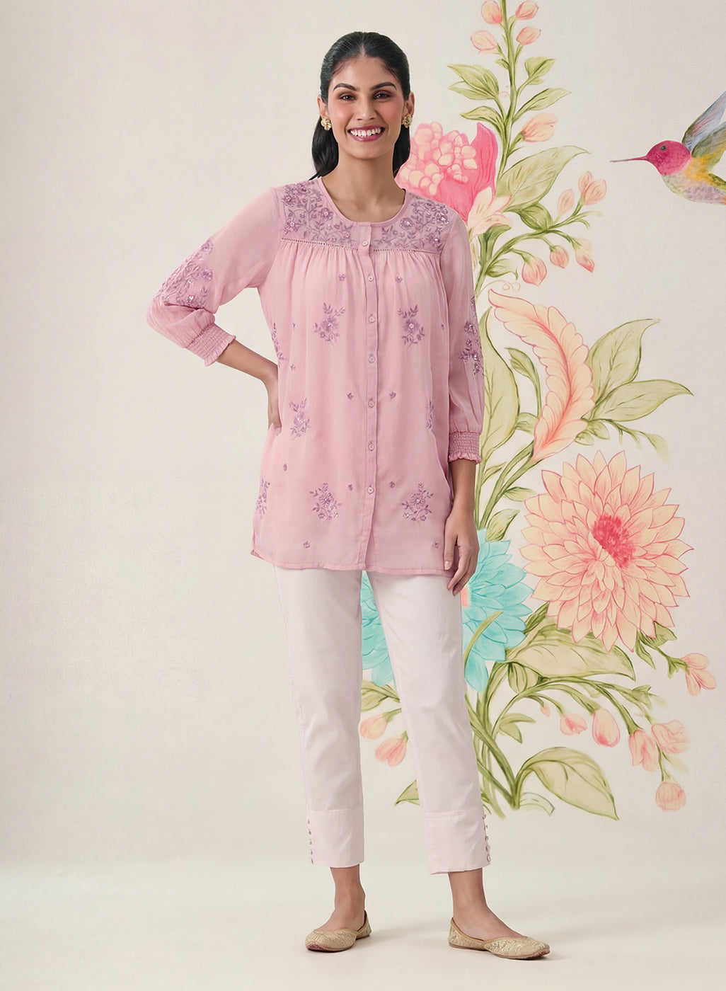 Savera Baby Pink Embroidered Chiffon A-line Top