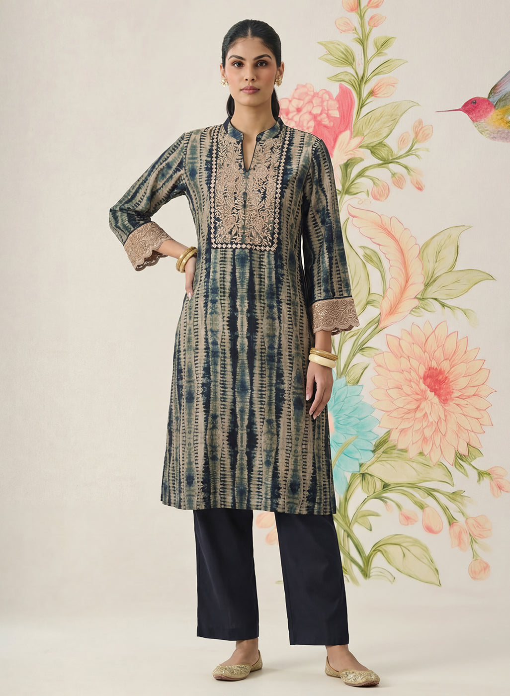 Anika Blue Printed Chanderi Straight Kurta