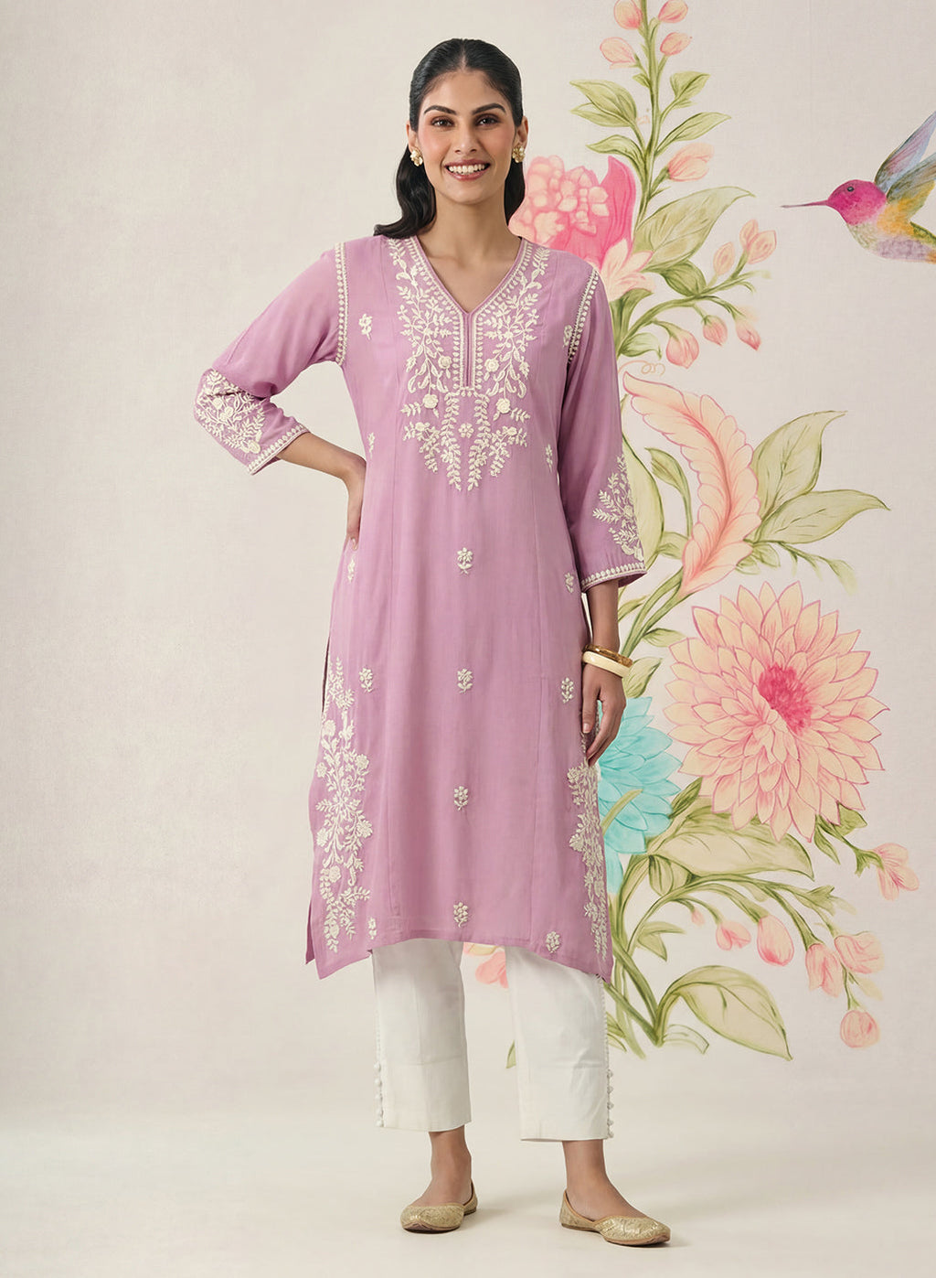 Yashvi Pink Cotton Blend Embroidered Kurta
