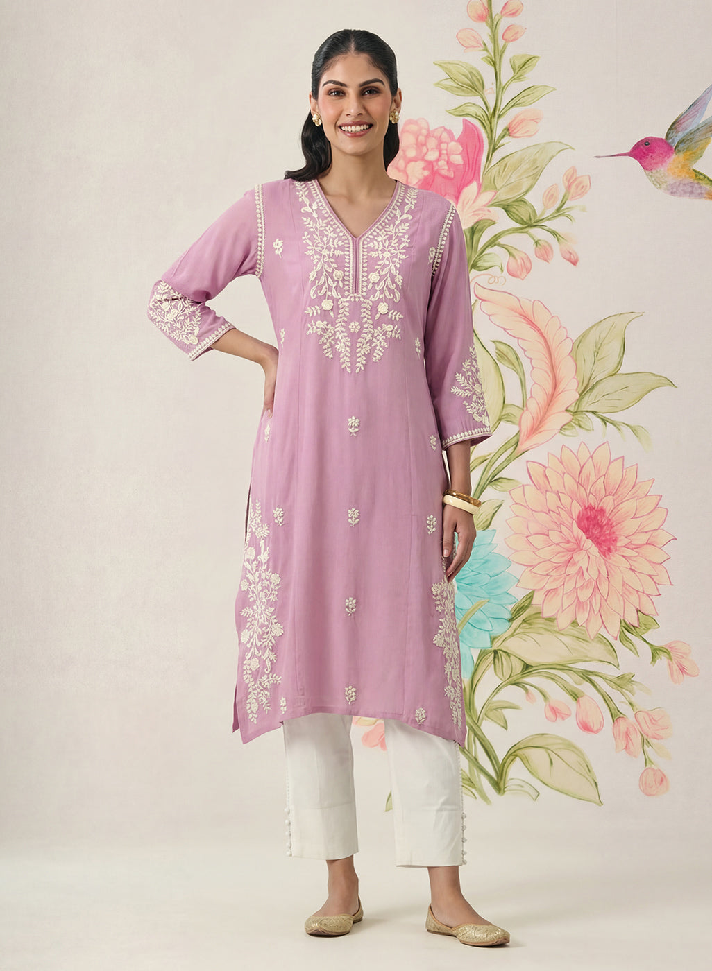 Yashvi Pink Cotton Blend Embroidered Kurta