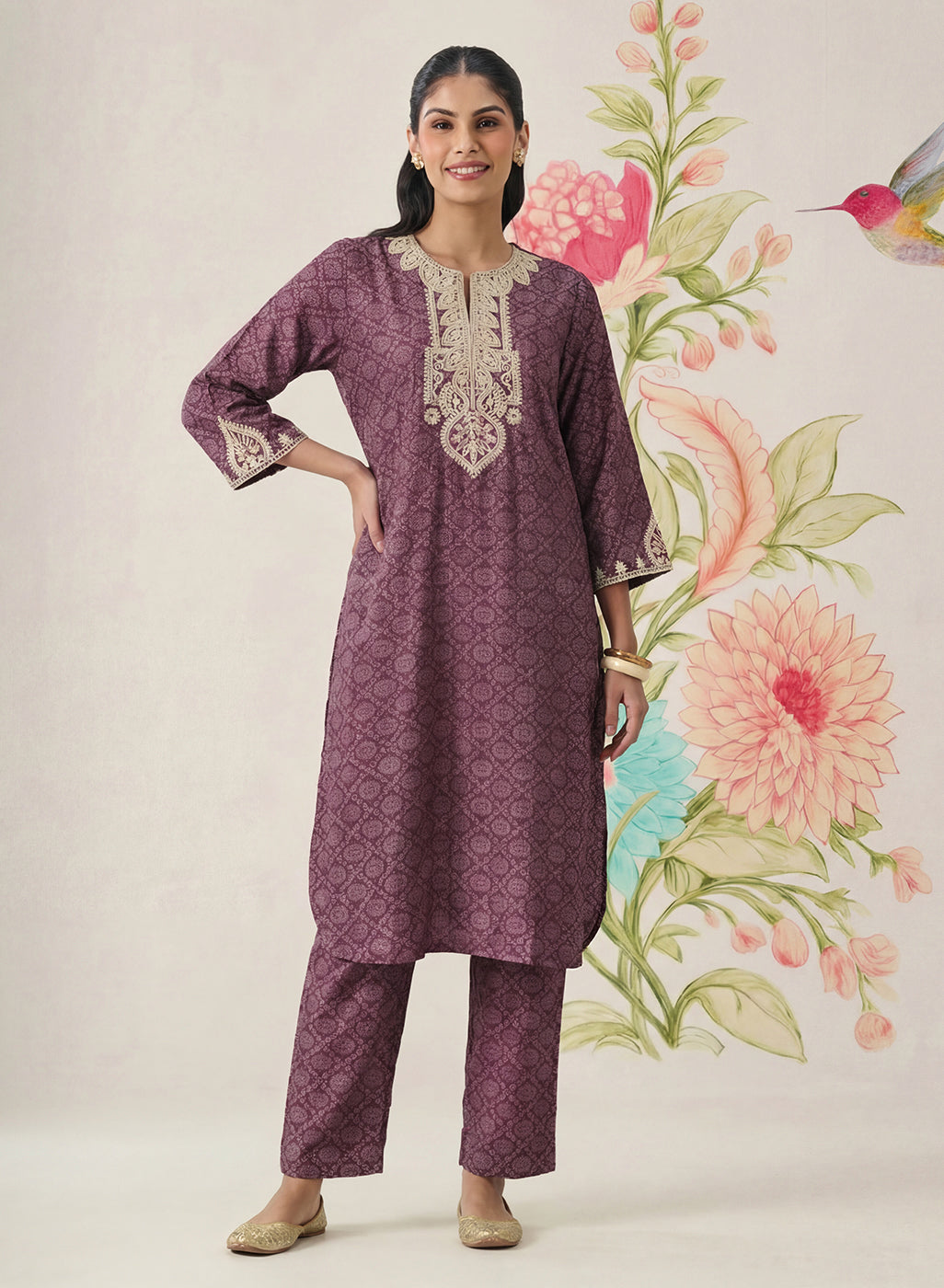 Pihu Purple Cotton Blend Printed Kurta set