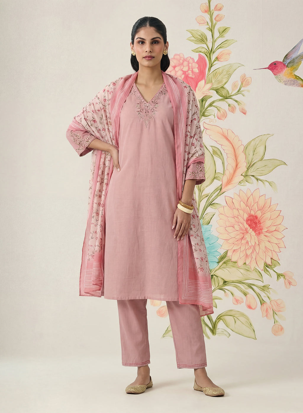 Afsana Pink Cotton Bend Embroidered A-line Suit Set with Dupatta