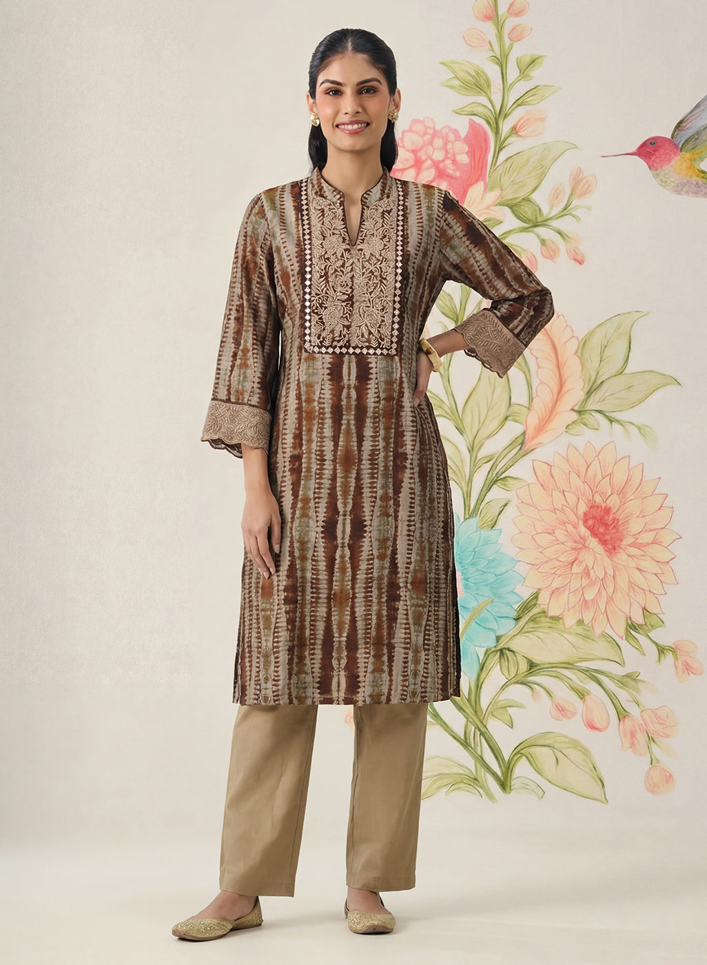 Anika Brown Printed Chanderi Straight Kurta
