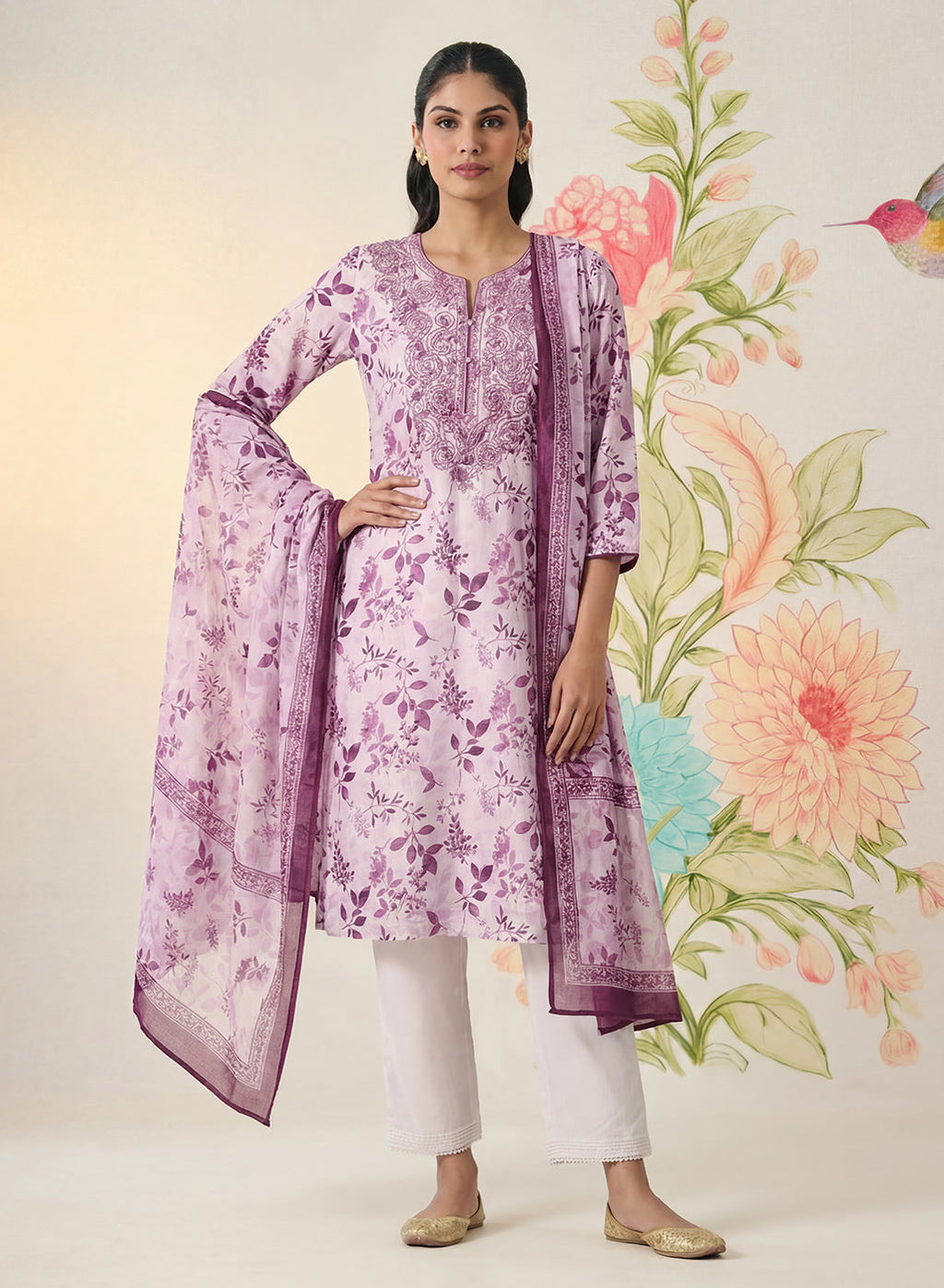 Kavya Fuchsia Printed Chanderi Suit Set with Dupatta