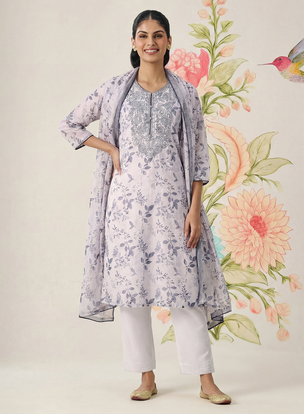 Kavya Grey Printed Chanderi Suit Set with Dupatta