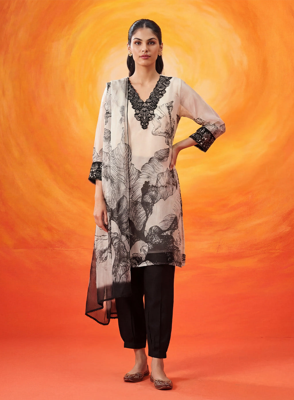 Elaf Black Printed Organza Suit Set with Dupatta