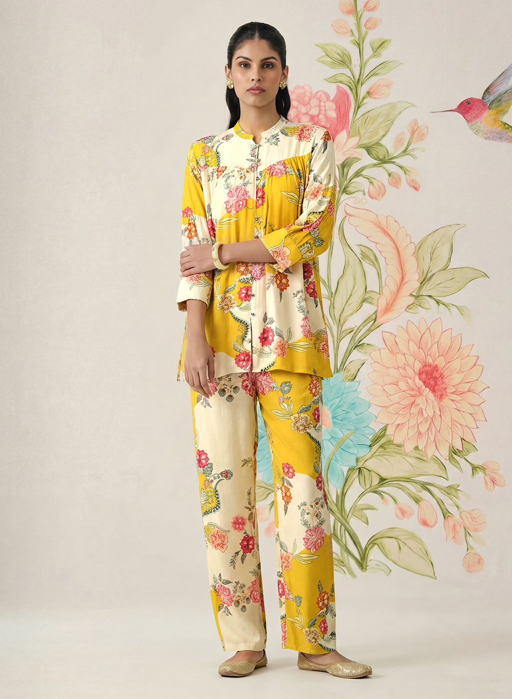Yamika Yellow Cotton Blend Printed Co-ord Set