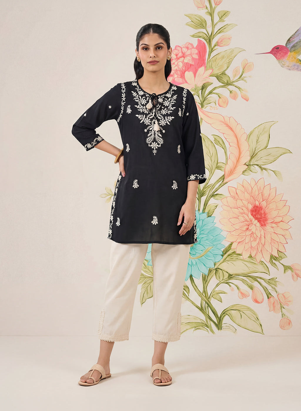 Afiya Black Cotton Blend Embroidered Kurti