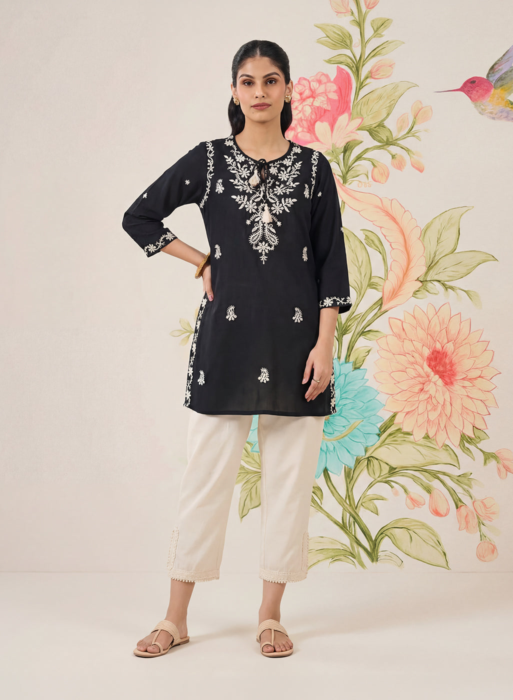 Afiya Black Cotton Blend Embroidered Kurti