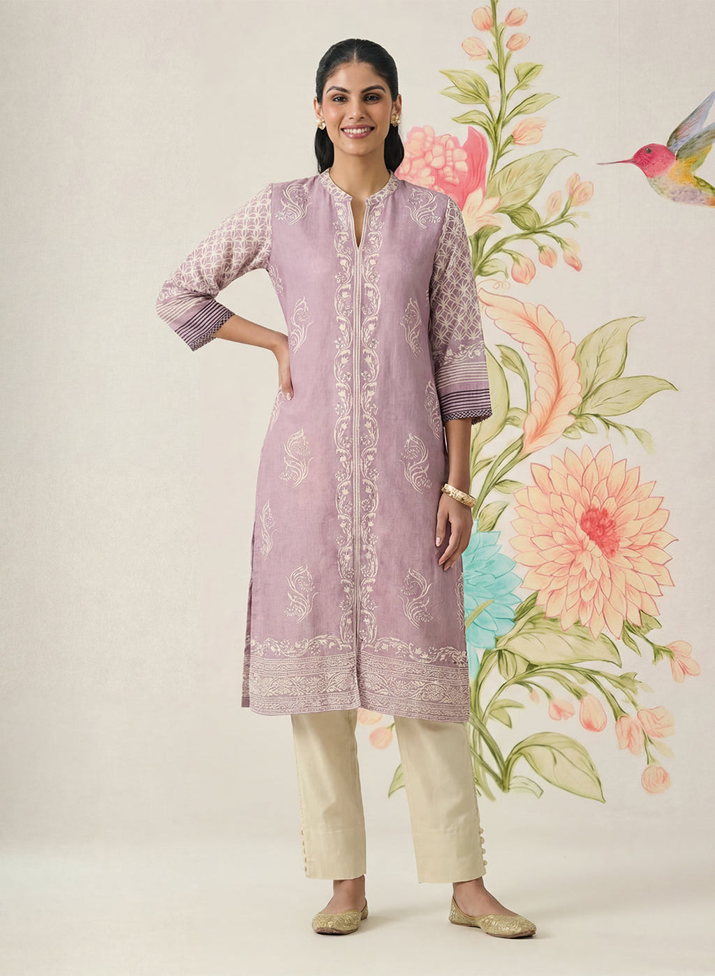 Arpora Lavender Printed Linen Straight Kurta