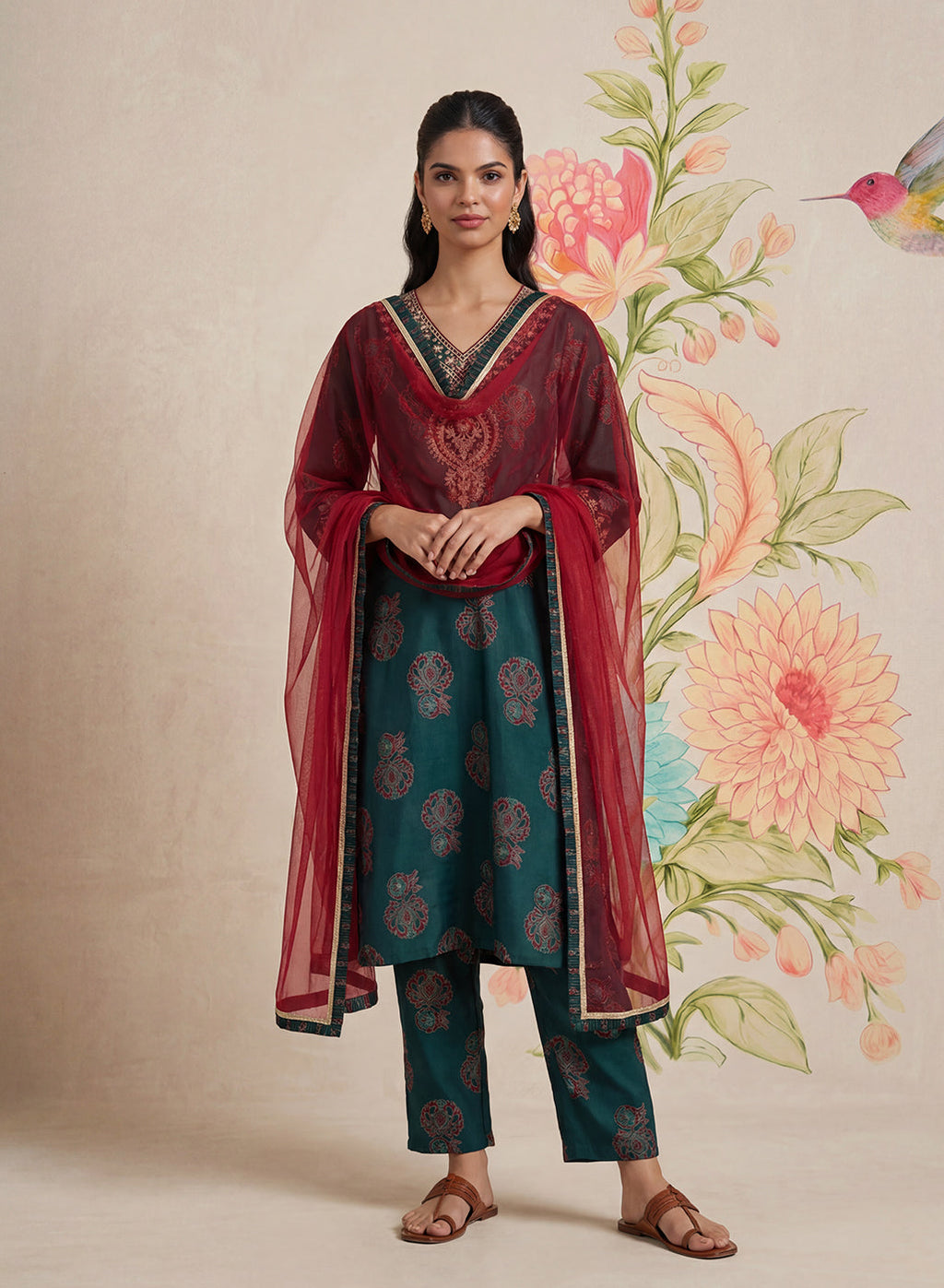 Teal Printed Cotton Blend Suit Set with Dupatta