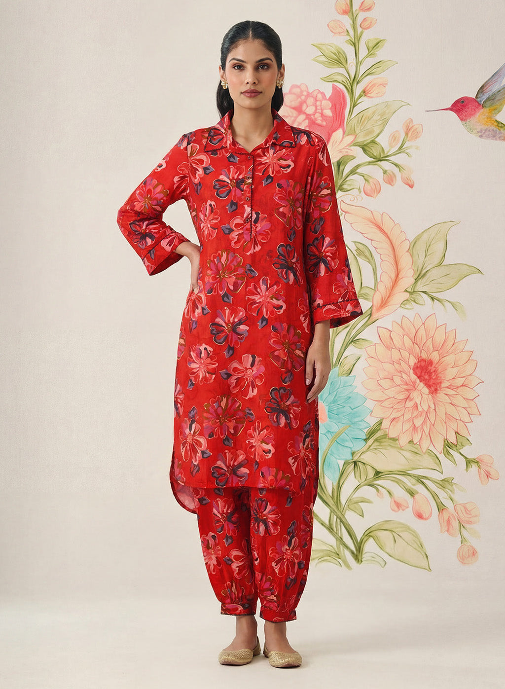 Khumari Red Printed Cotton Blend Co-ord Set