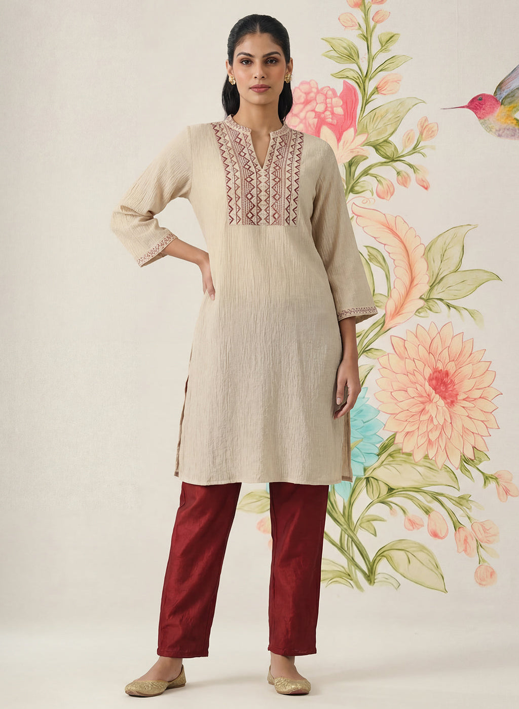Aviya Beige Cotton Blend Embroidered Straight Kurta