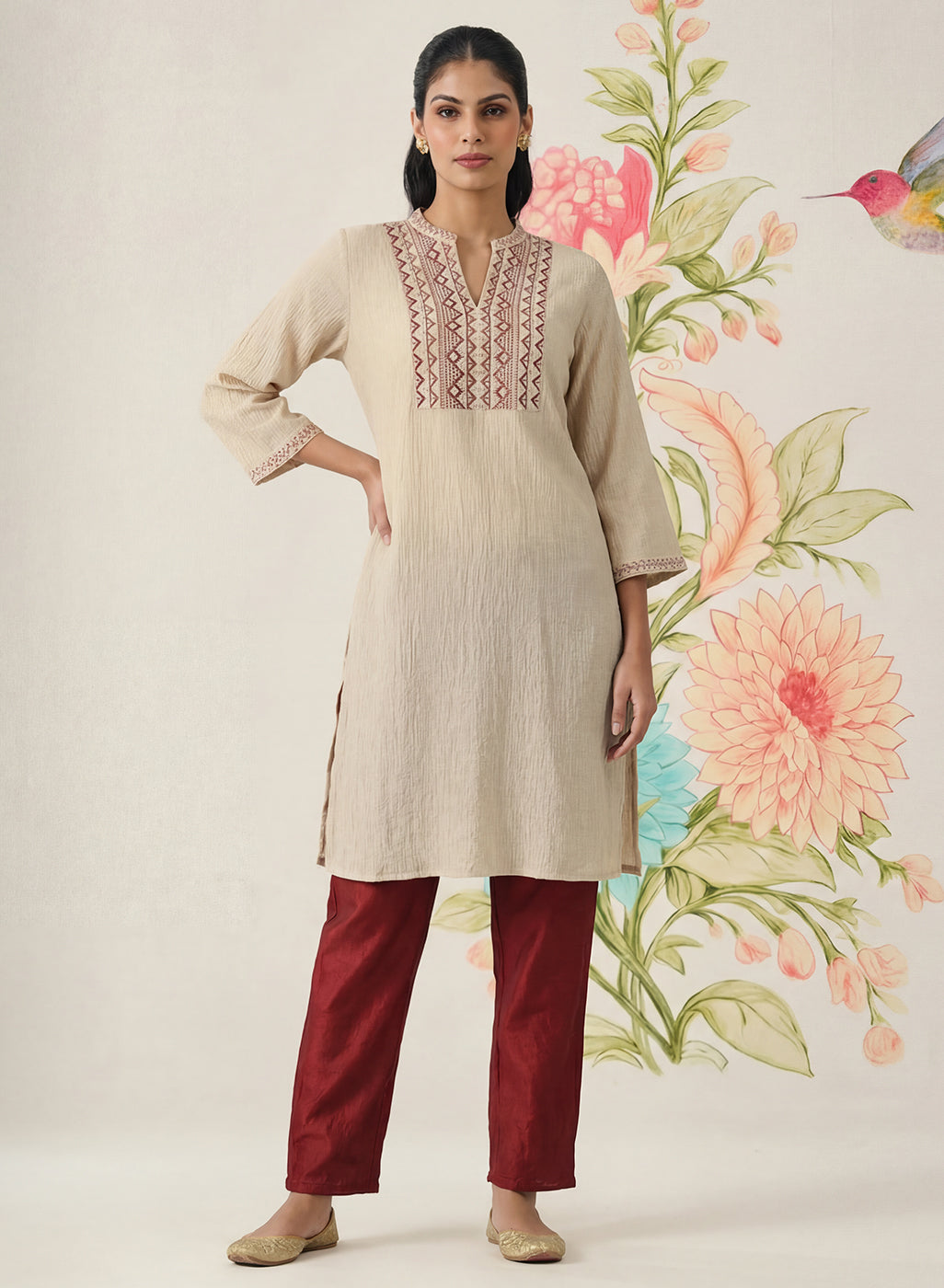 Aviya Beige Cotton Blend Embroidered Straight Kurta
