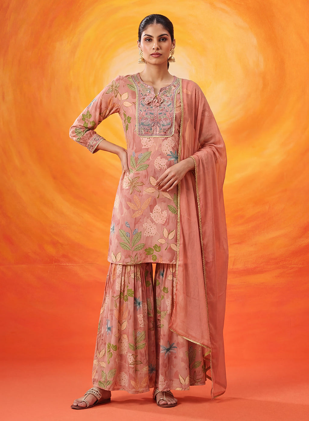 Manjari Peach Printed Garara Suit Set with Dupatta