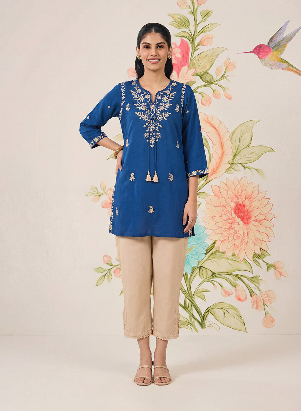 Afiya Blue Cotton Blend Embroidered Kurti