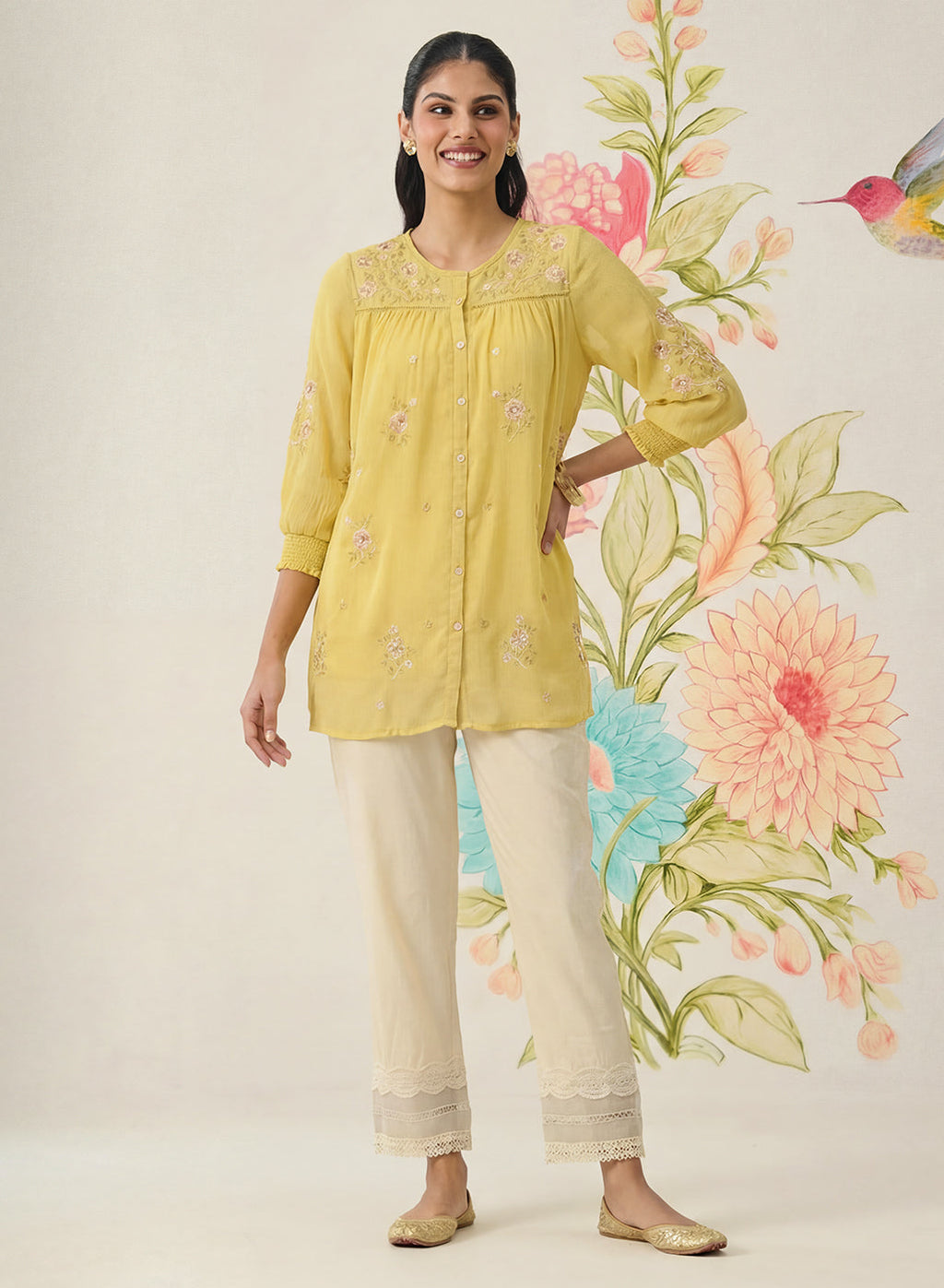 Savera Lemon Yellow Embroidered Chiffon A-line Top