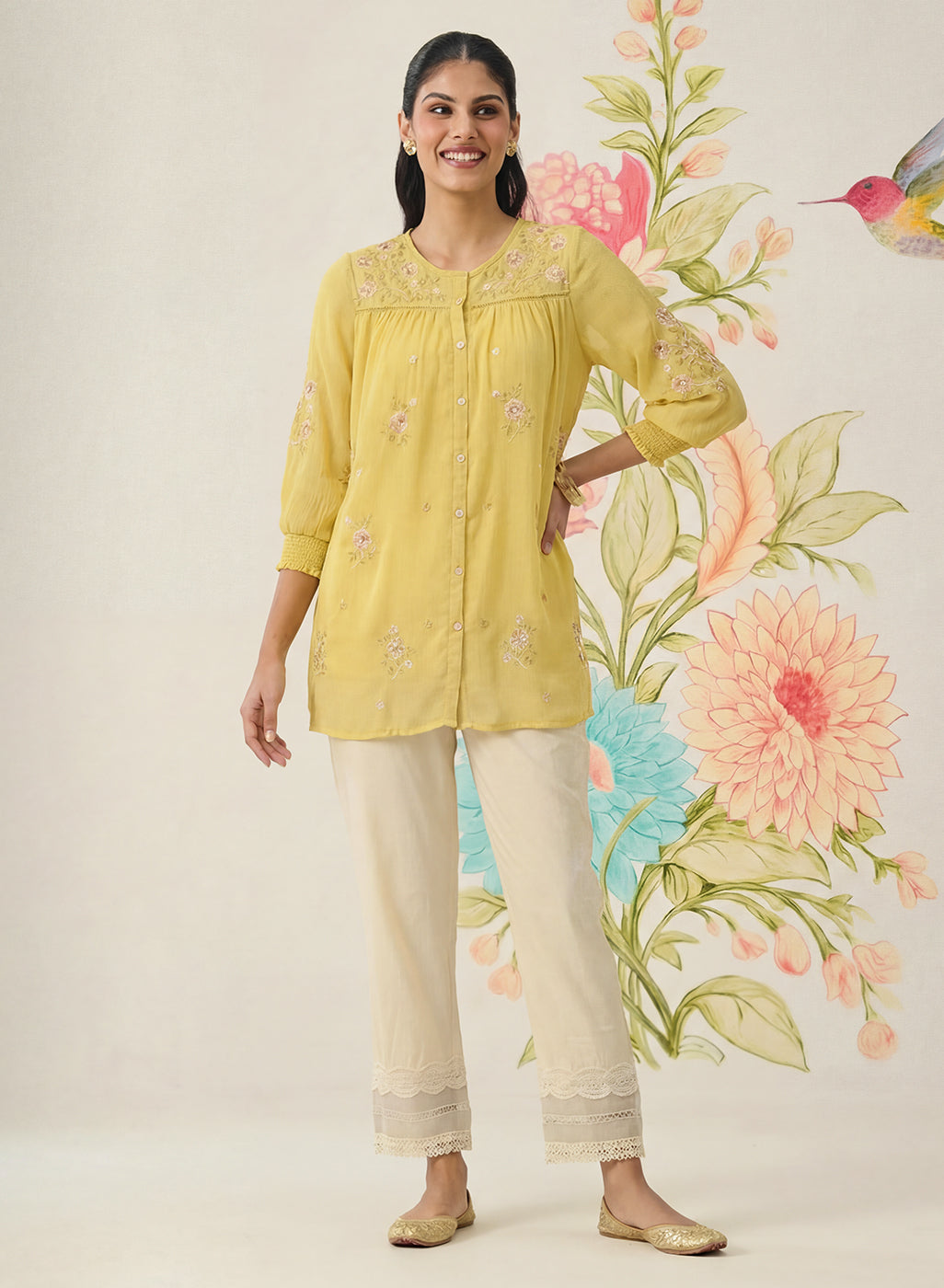 Savera Lemon Yellow Embroidered Chiffon A-line Top