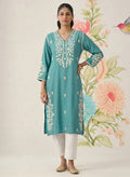 Yashvi Turquoise Cotton Blend Embroidered Kurta