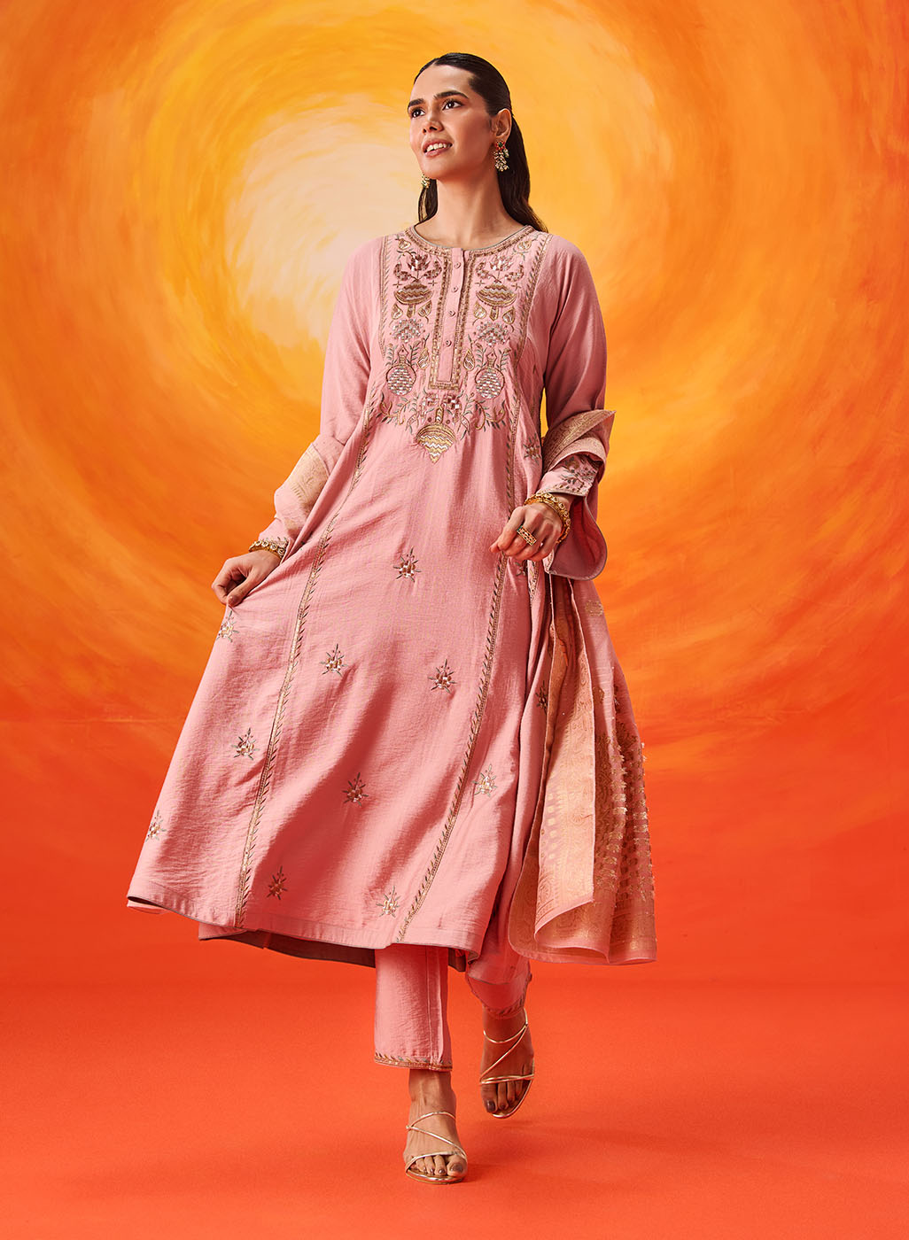Vaara Ariza Rose Pink Embroidered A-line Suit Set with Dupatta