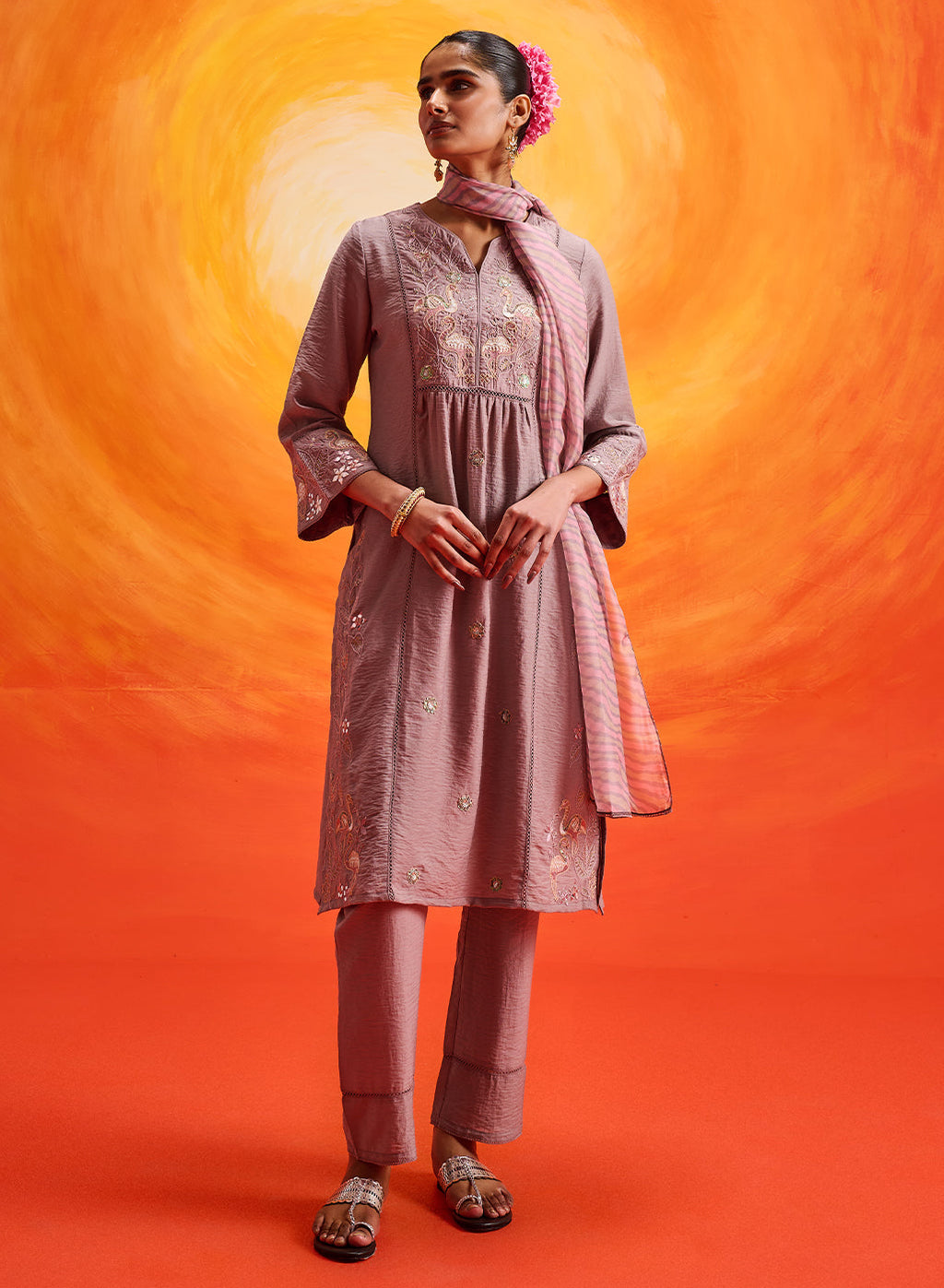 Aaradhya Lavender Embroidered Linen Suit Set with Dupatta