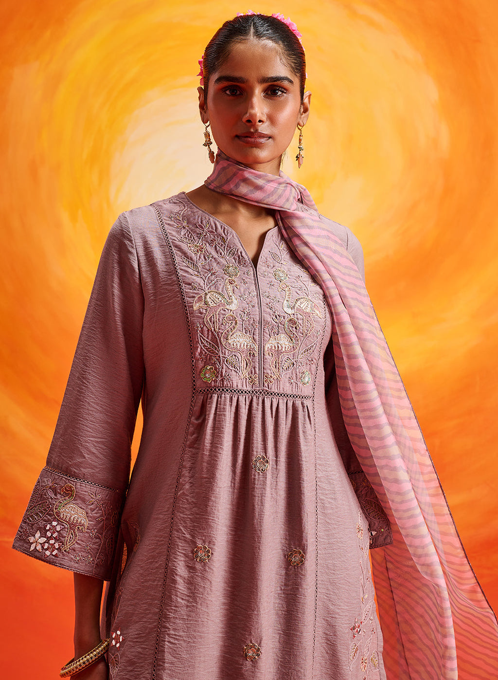 Aaradhya Lavender Embroidered Linen Suit Set with Dupatta