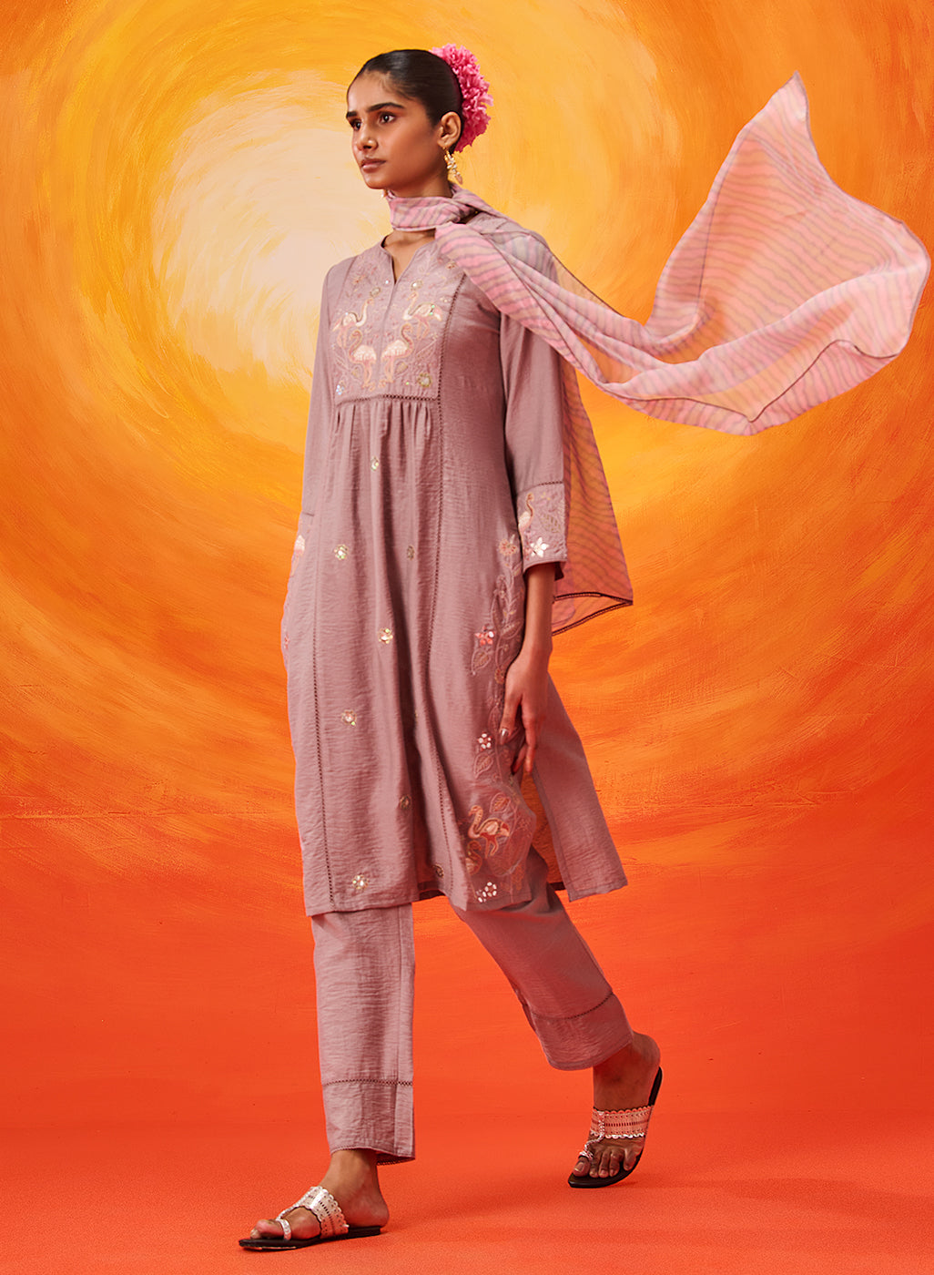 Aaradhya Lavender Embroidered Linen Suit Set with Dupatta