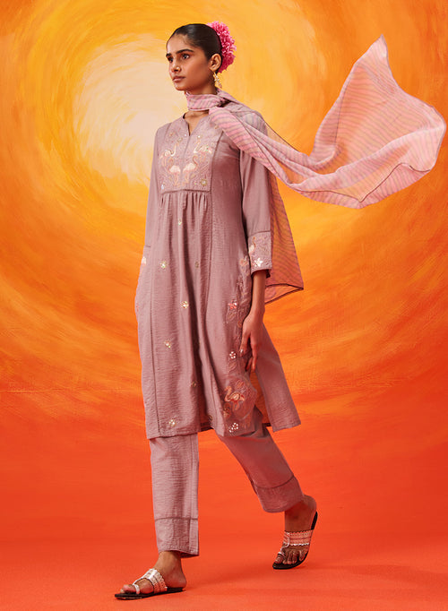 Aaradhya Lavender Embroidered Linen Suit Set with Dupatta