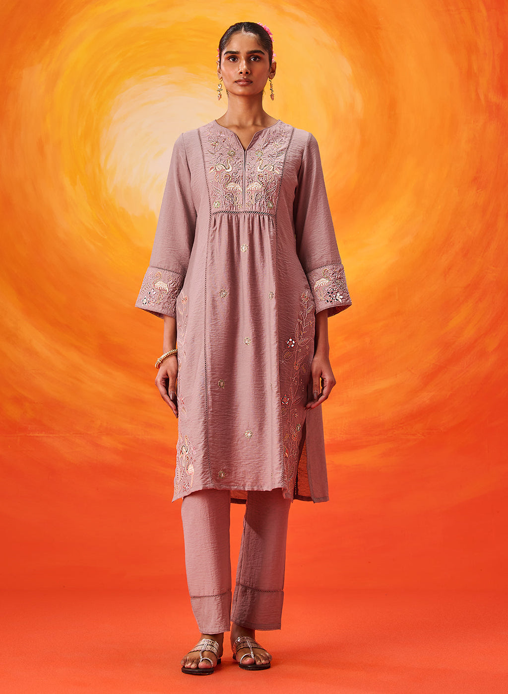 Aaradhya Lavender Embroidered Linen Suit Set with Dupatta