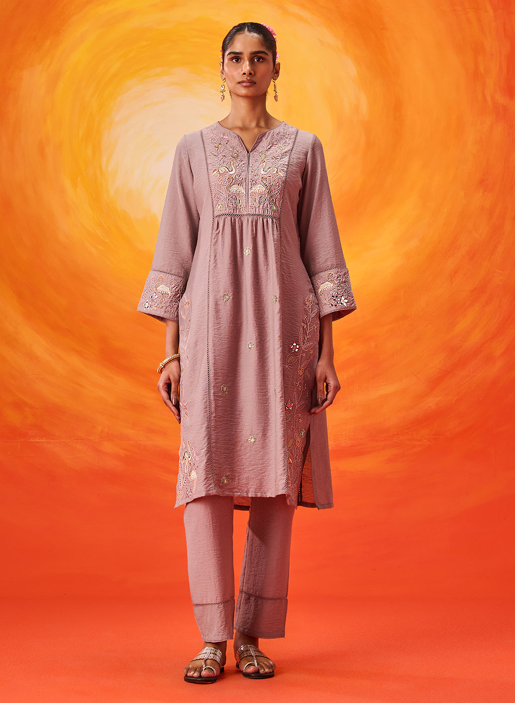 Aaradhya Lavender Embroidered Linen Suit Set with Dupatta