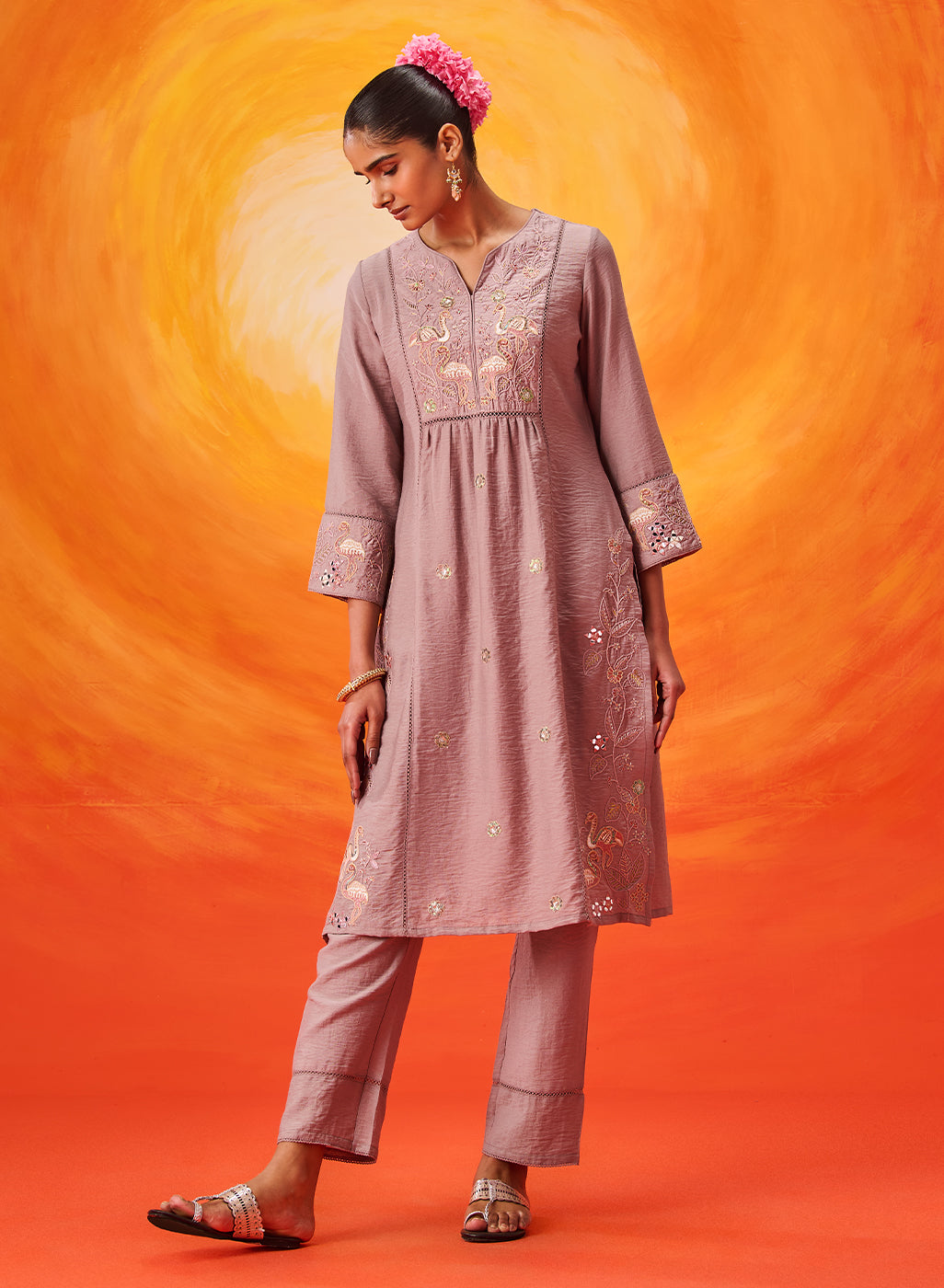 Aaradhya Lavender Embroidered Linen Suit Set with Dupatta