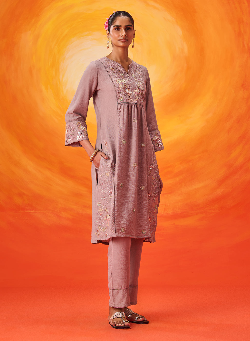 Aaradhya Lavender Embroidered Linen Suit Set with Dupatta