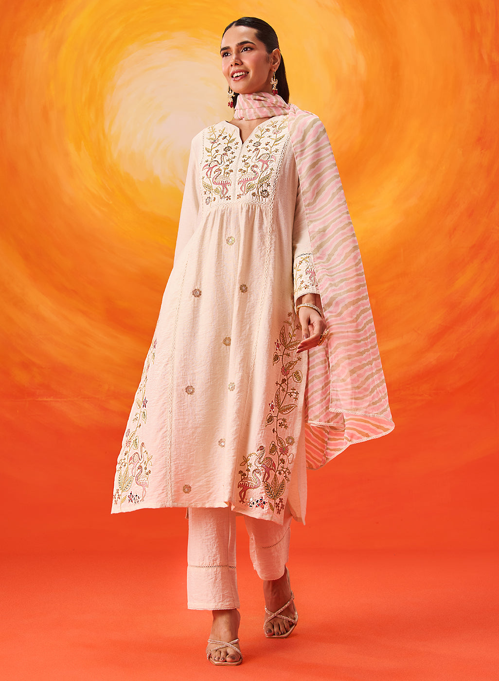 Aaradhya Ivory Embroidered Linen Suit Set with Dupatta