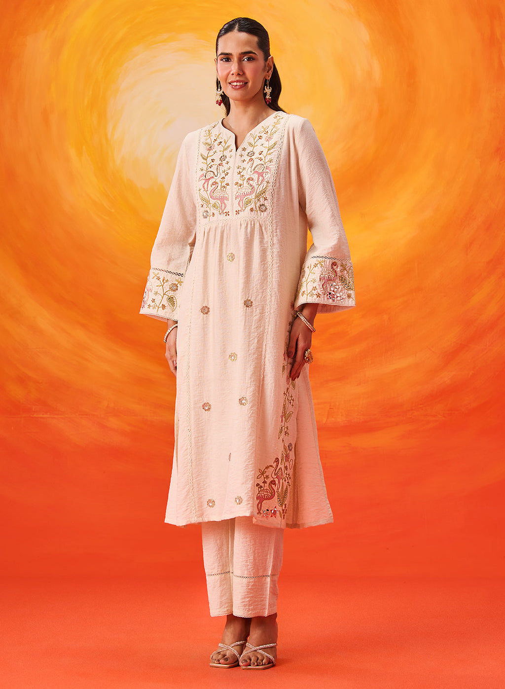 Aaradhya Ivory Embroidered Linen Suit Set with Dupatta