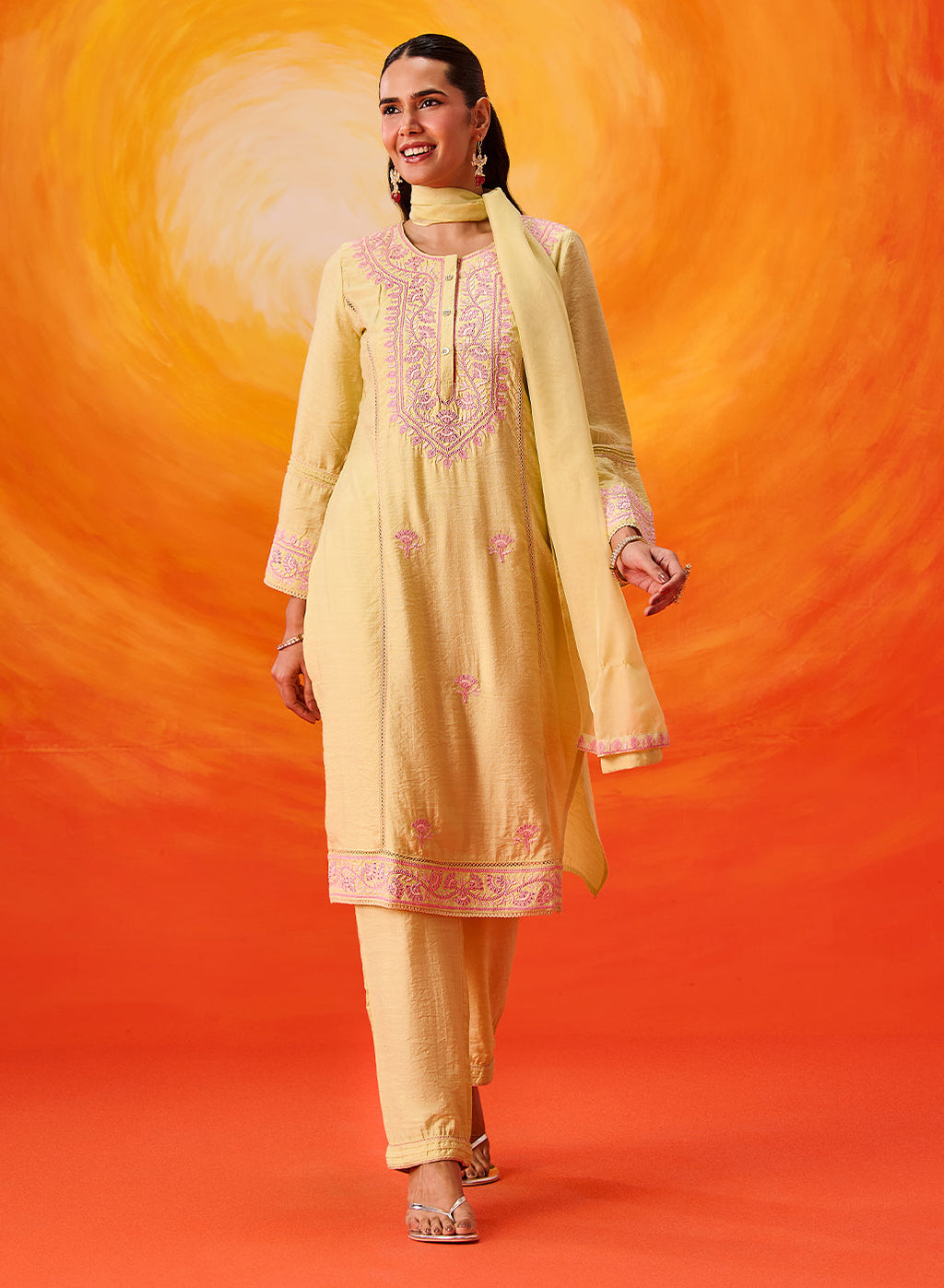 Kora Green Cotton Blend Embroidered Suit Set with Dupatta