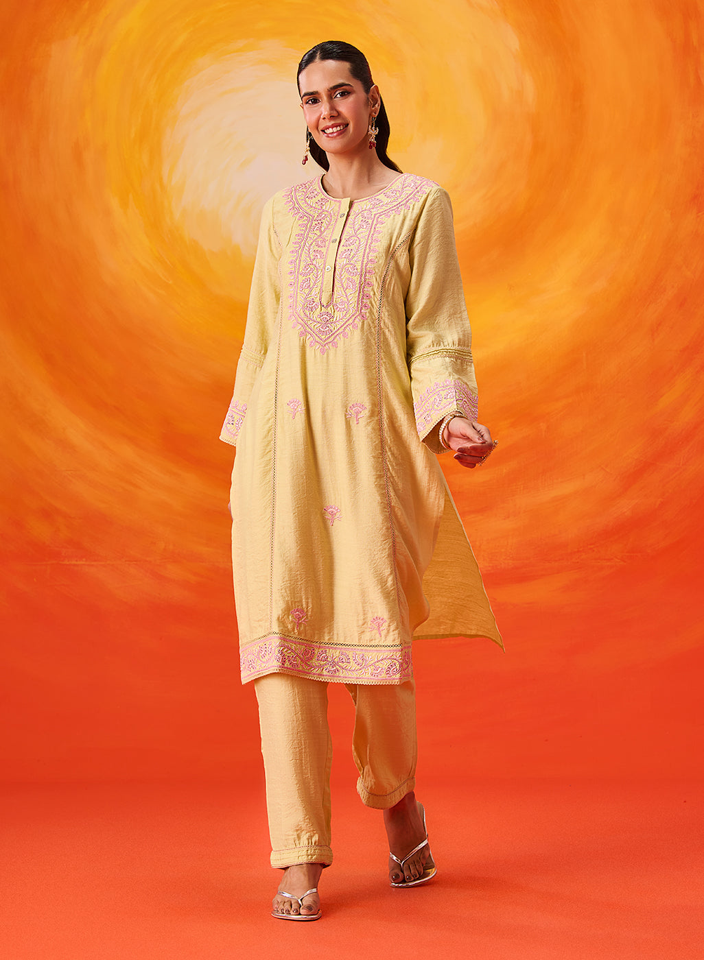 Kora Green Cotton Blend Embroidered Suit Set with Dupatta