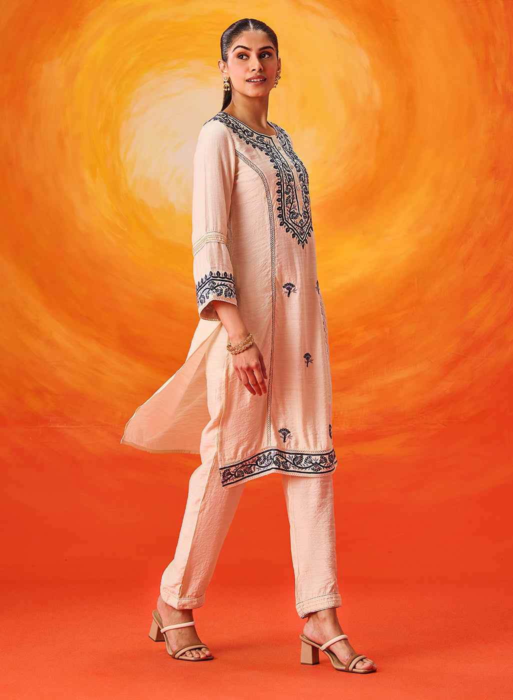Kora Ivory Cotton Blend Embroidered Suit Set with Dupatta