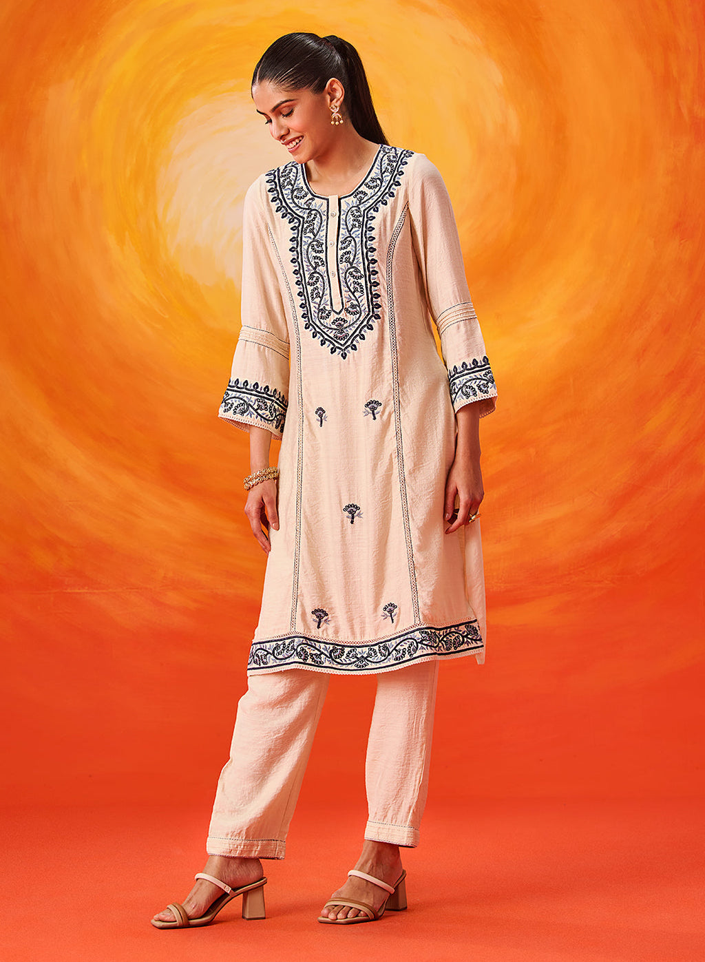 Kora Ivory Cotton Blend Embroidered Suit Set with Dupatta