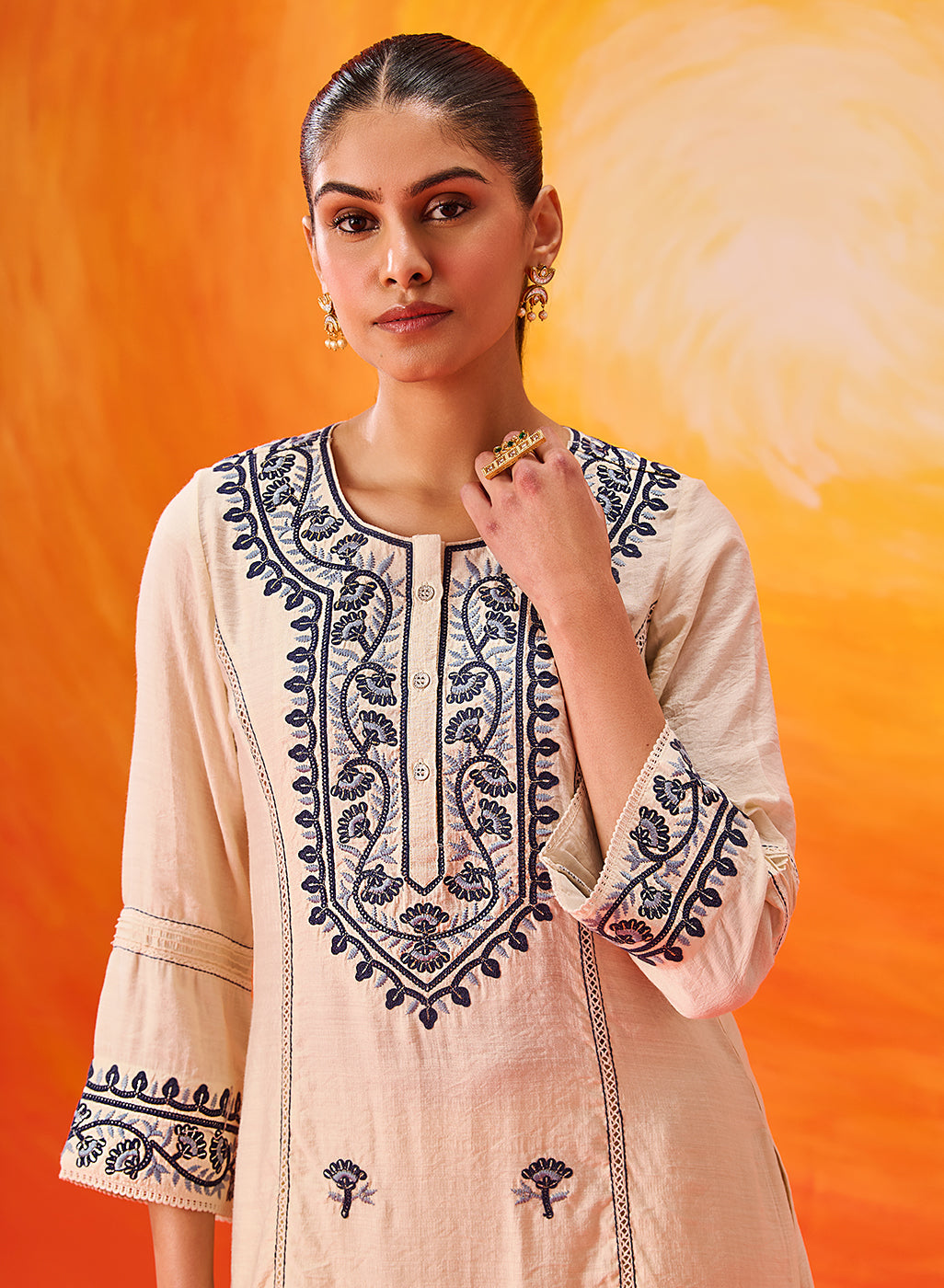 Kora Ivory Cotton Blend Embroidered Suit Set with Dupatta