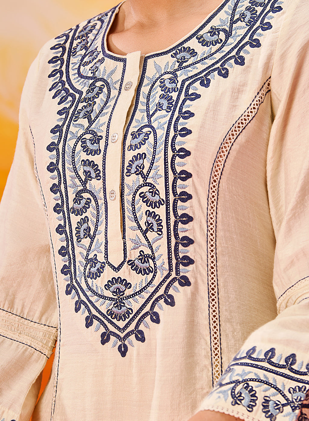Kora Ivory Cotton Blend Embroidered Suit Set with Dupatta