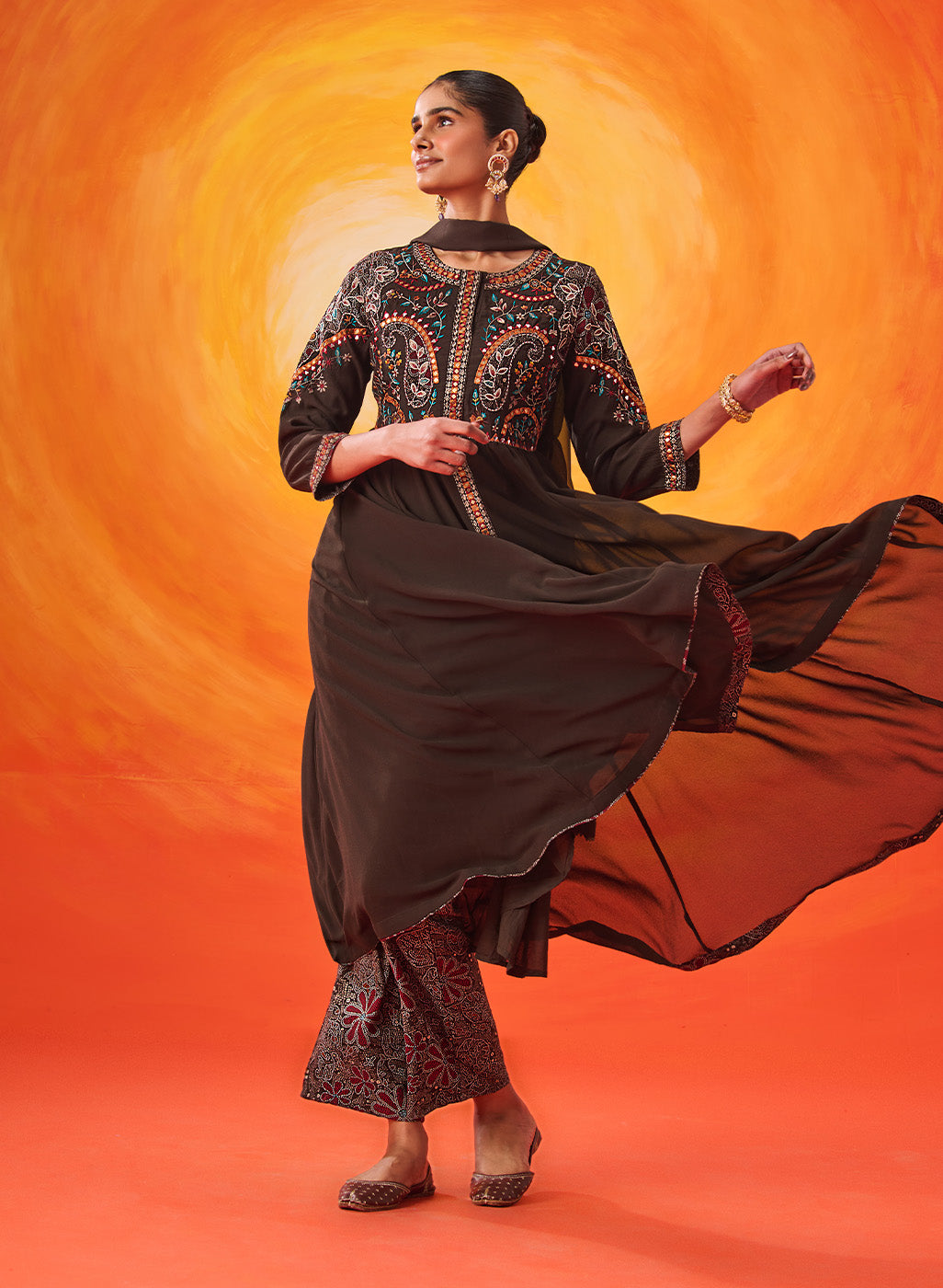 Vaara Nazma Dark Brown Embroidered Georgette Anarkali Suit Set with Dupatta