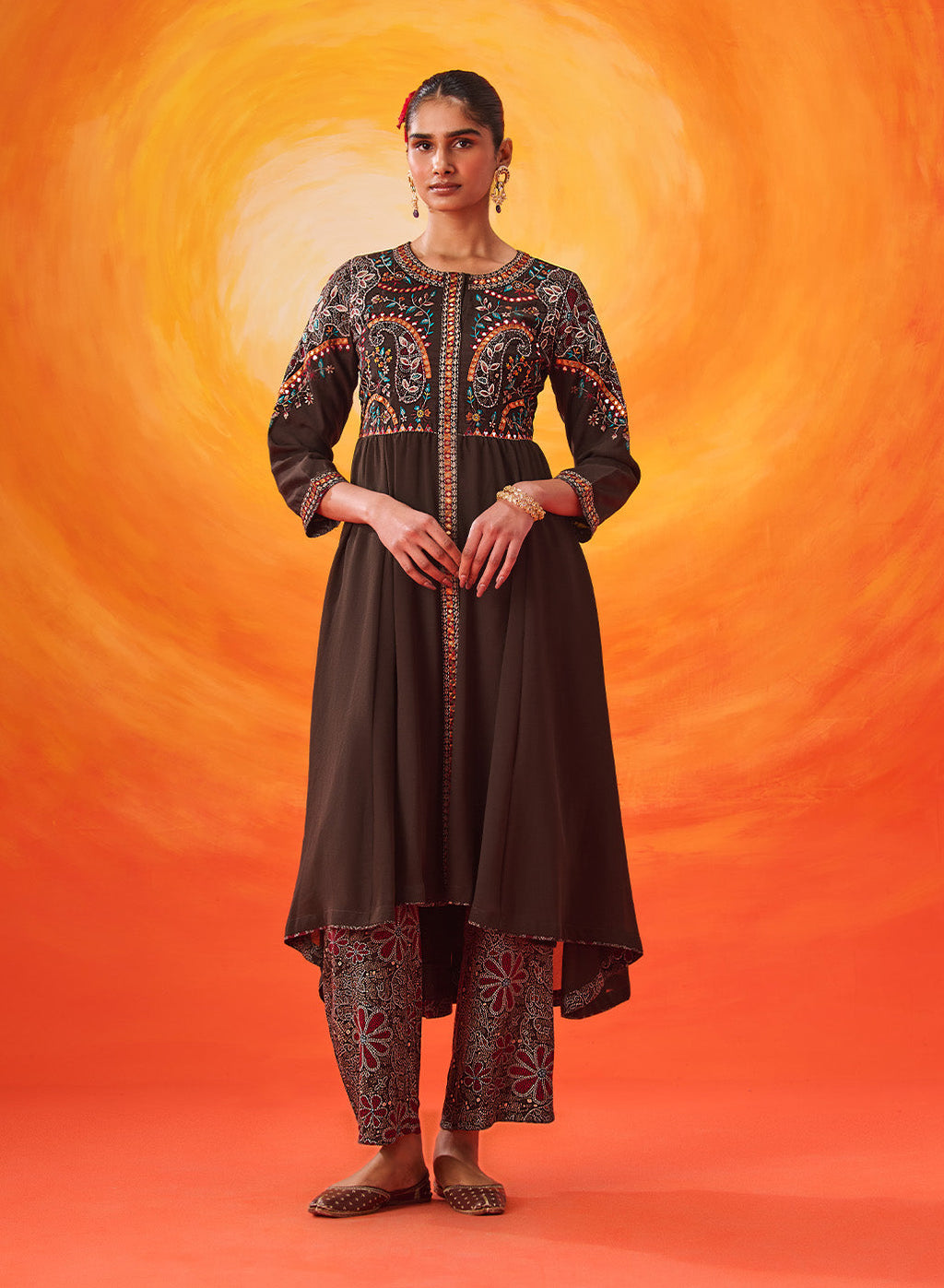 Vaara Nazma Dark Brown Embroidered Georgette Anarkali Suit Set with Dupatta