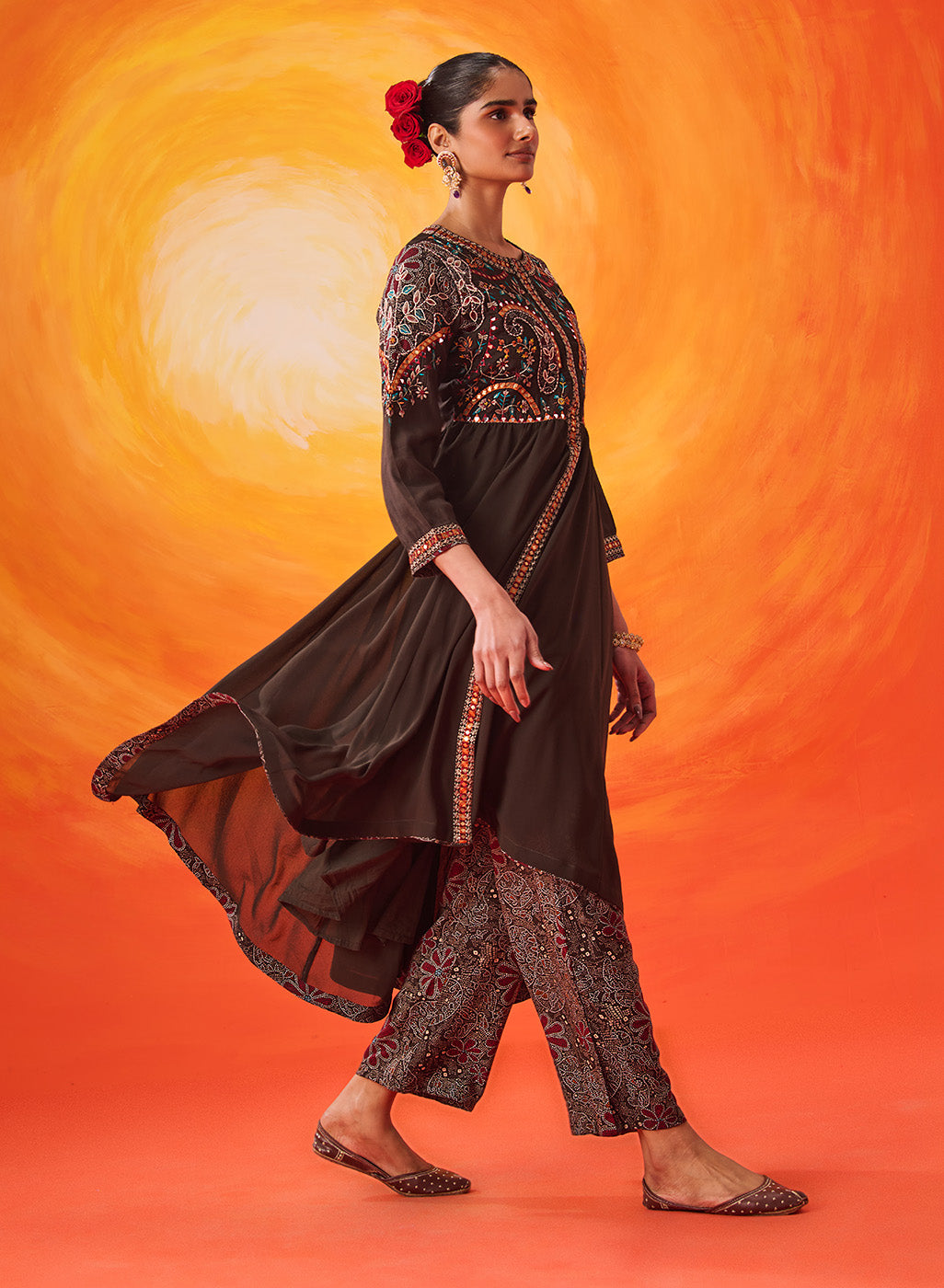 Vaara Nazma Dark Brown Embroidered Georgette Anarkali Suit Set with Dupatta
