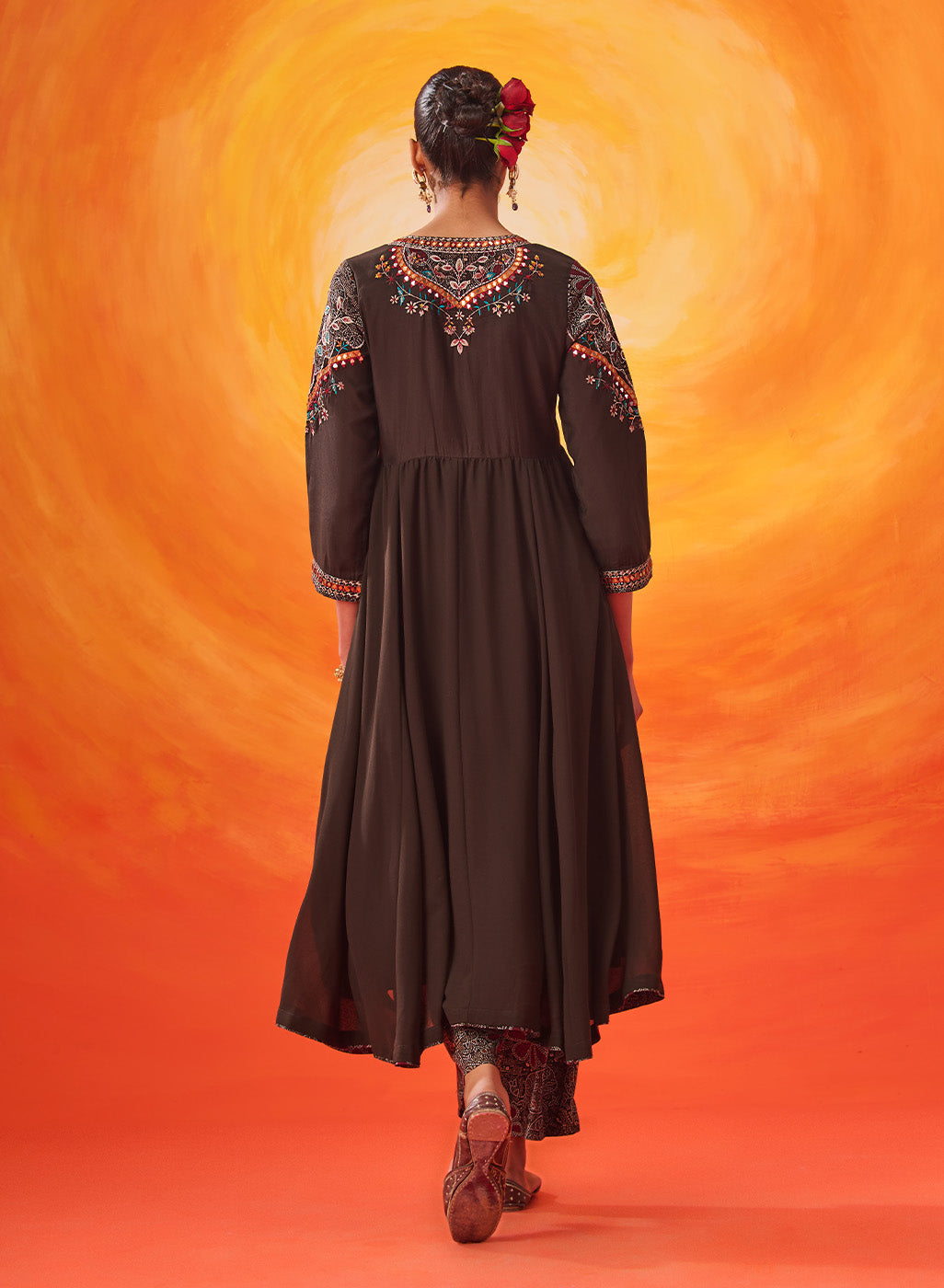 Vaara Nazma Dark Brown Embroidered Georgette Anarkali Suit Set with Dupatta