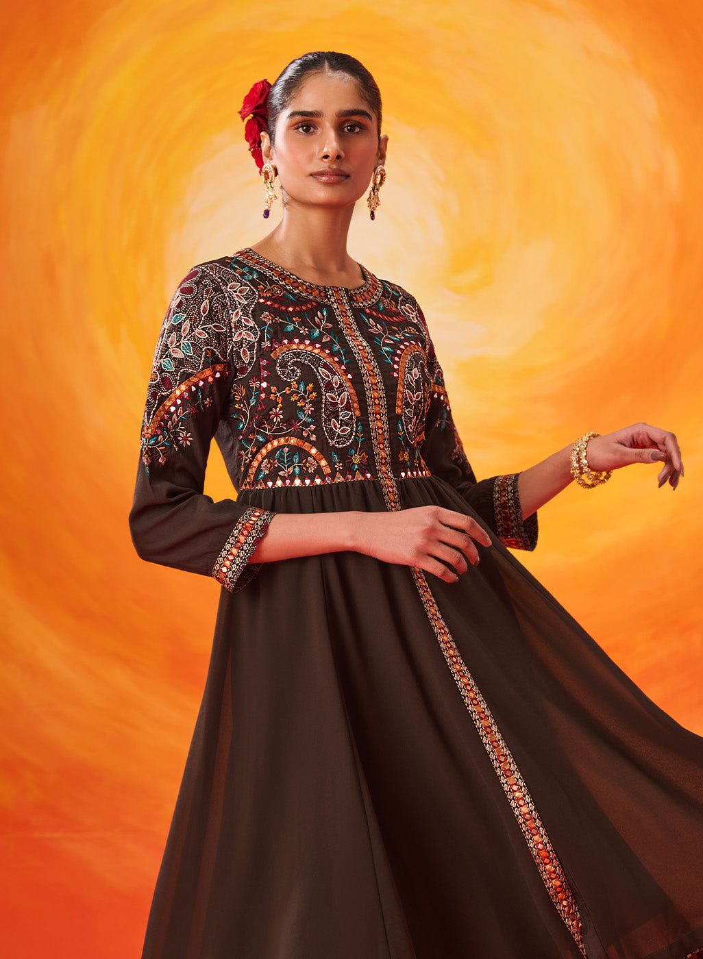 Vaara Nazma Dark Brown Embroidered Georgette Anarkali Suit Set with Dupatta